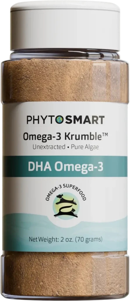 Label close-up of PhytoSmart DHA Omega-3 – algae-based pet supplement