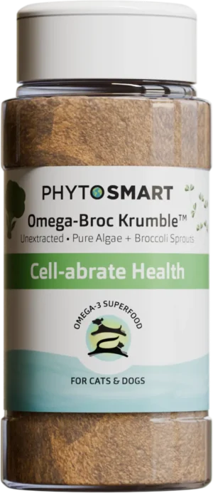 Full bottle of PhytoSmart Omega-Broc Cell-abrate Health – broccoli and algae-based pet nutrition