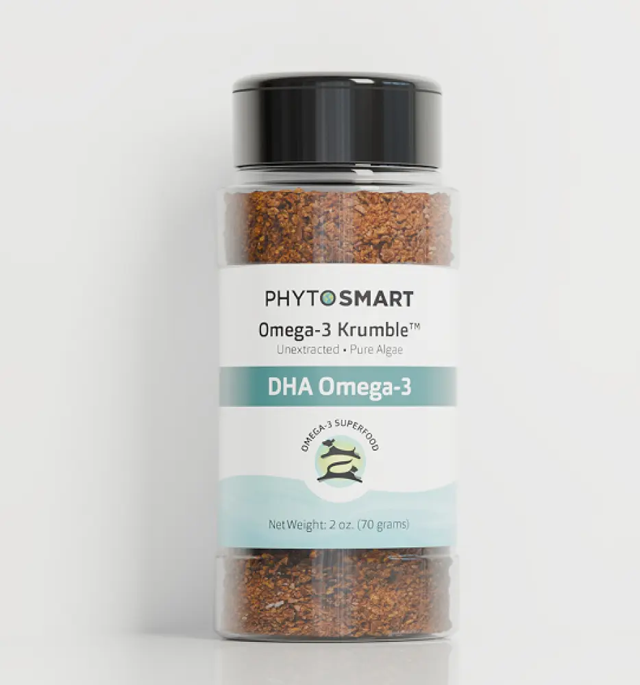 Clear plastic jar of PhytoSmart Omega-3 Krumble