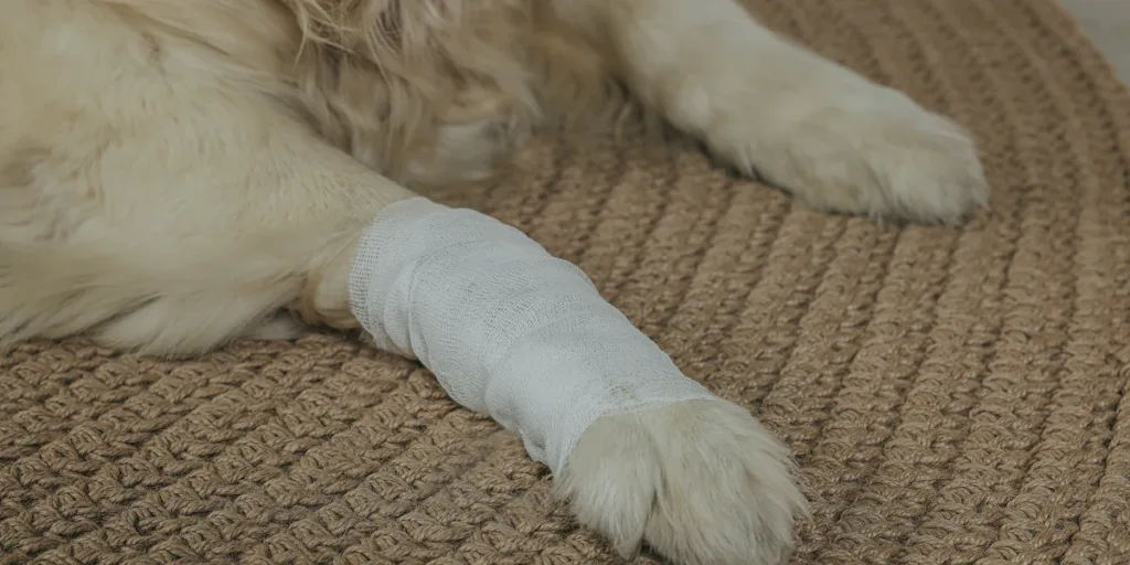 Bandaged golden retriever Dog Paw Resting on Brown Woven Mat after treatment of arthritis and joint stiffness
