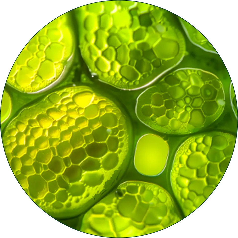 Close-up of bright green plant cells under a microscope, showing hexagonal patterns